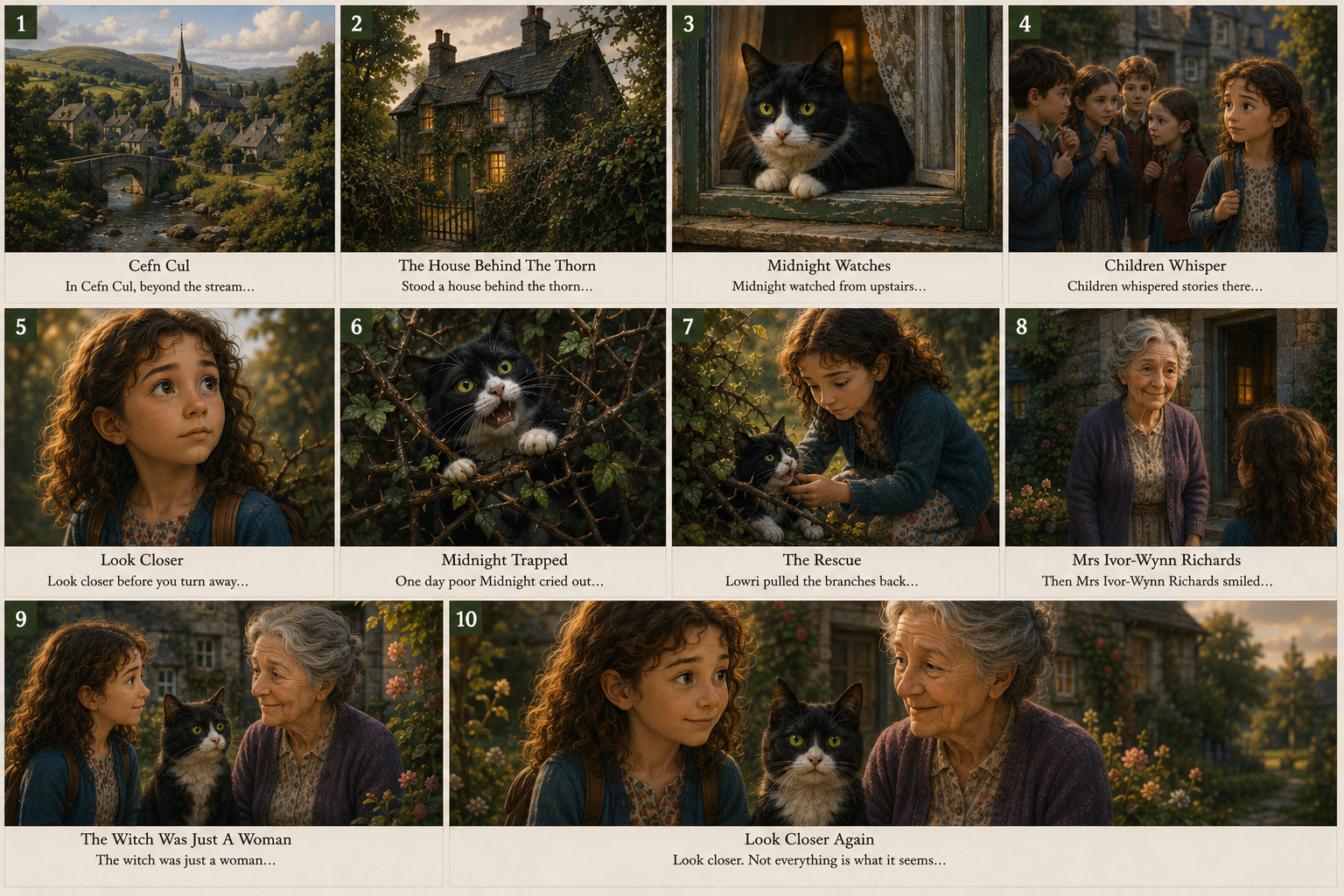 Ten-panel visual plan tracing the opening from Cefn Cul and the house behind the thorn to Lowri meeting Mrs Richards